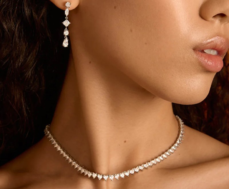 Cubic zirconia tennis necklace worn on the neck